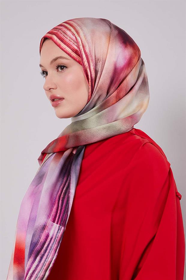 Kırmızı Ebruli Desen Twill Şal