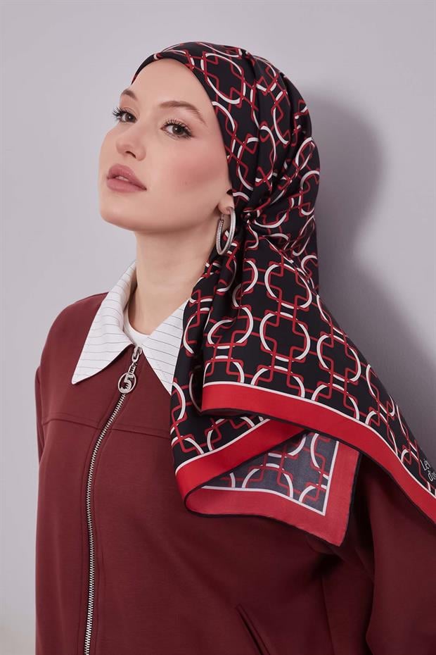 Kırmızı Eliptik Desen Twill İpek Eşarp