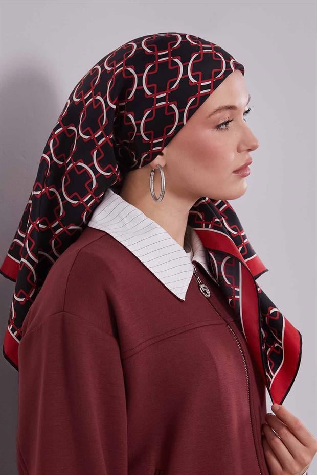 Kırmızı Eliptik Desen Twill İpek Eşarp