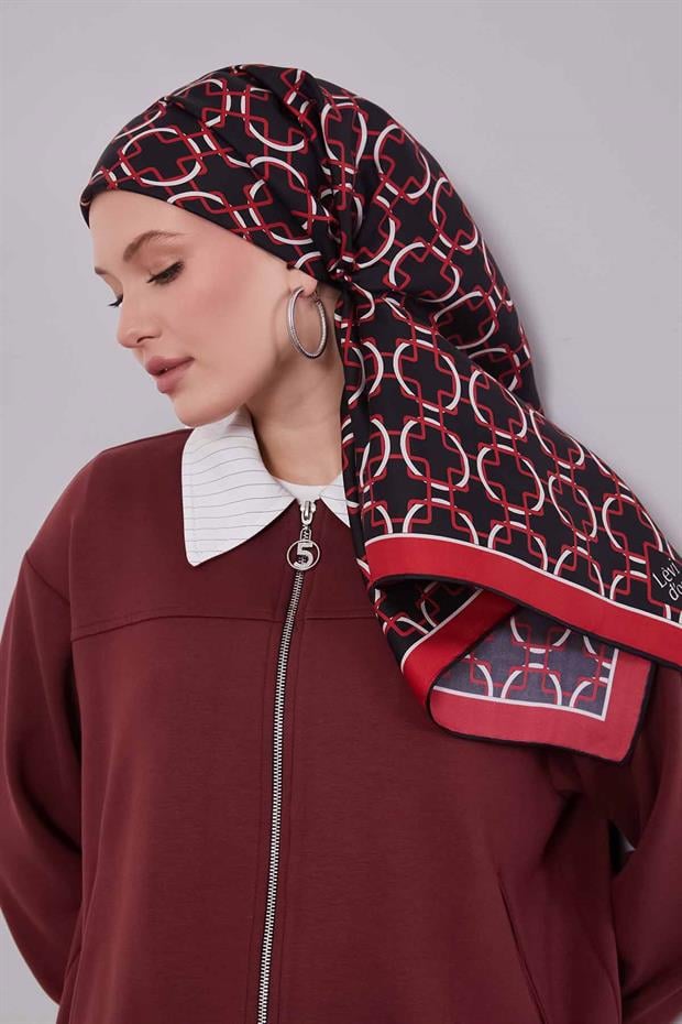 Kırmızı Eliptik Desen Twill İpek Eşarp