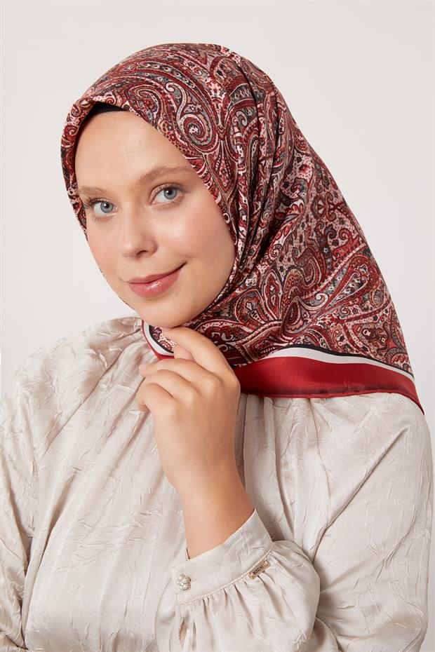 Kırmızı Etnik Desen Twill İpek Eşarp