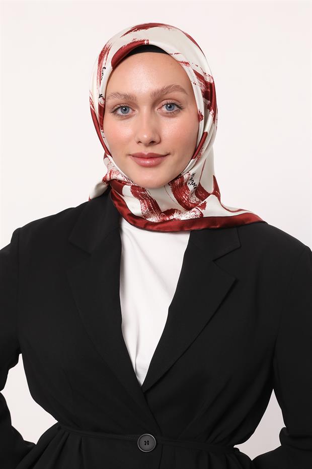 Kırmızı Fırça İzi Desen Twill İpek Eşarp