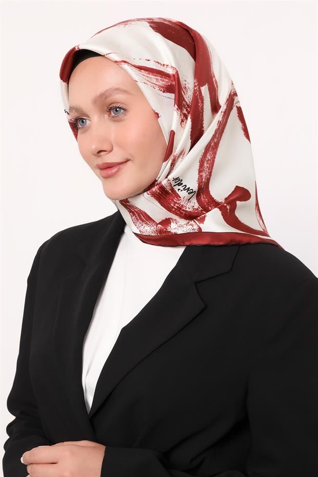 Kırmızı Fırça İzi Desen Twill İpek Eşarp