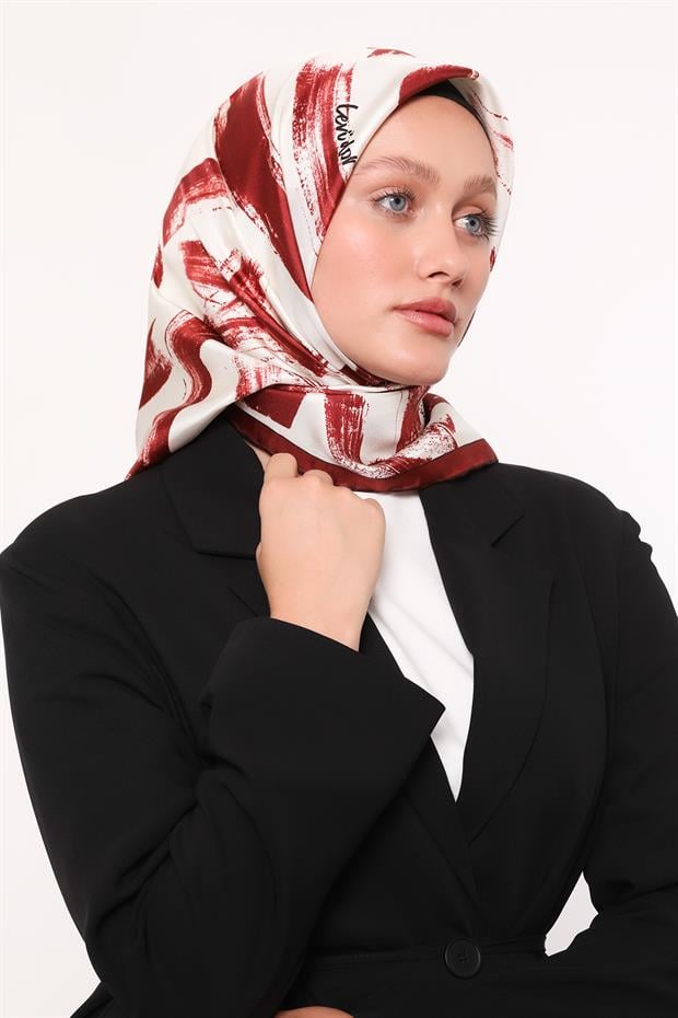 Kırmızı Fırça İzi Desen Twill İpek Eşarp