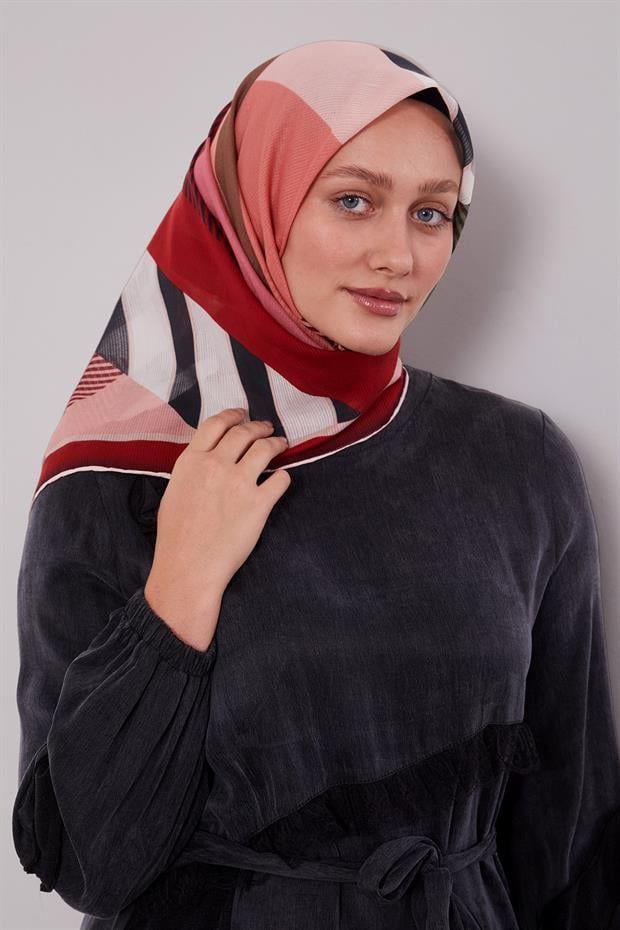 Kırmızı Geometrik Desen Pamuk Eşarp