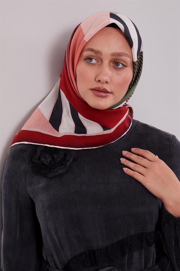 Kırmızı Geometrik Desen Pamuk Eşarp