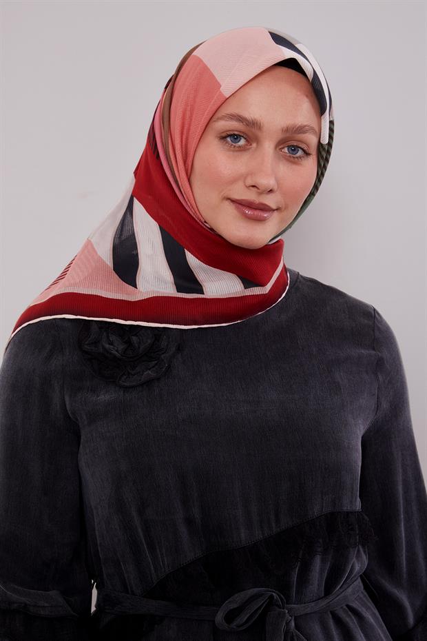 Kırmızı Geometrik Desen Pamuk Eşarp