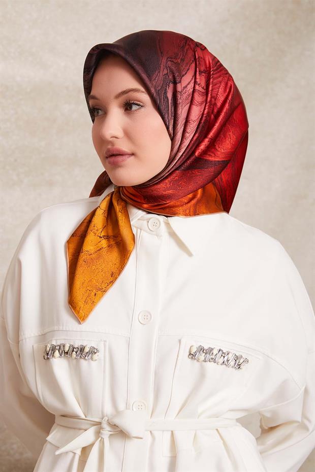 Kırmızı - Gold Karmaşık Desen Twill İpek Eşarp