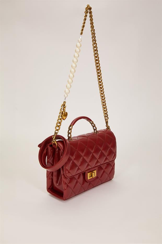 Kırmızı İnci Ve Kalp Aksesuar Detaylı Omuz Çantası