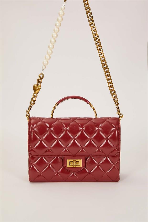 Kırmızı İnci Ve Kalp Aksesuar Detaylı Omuz Çantası