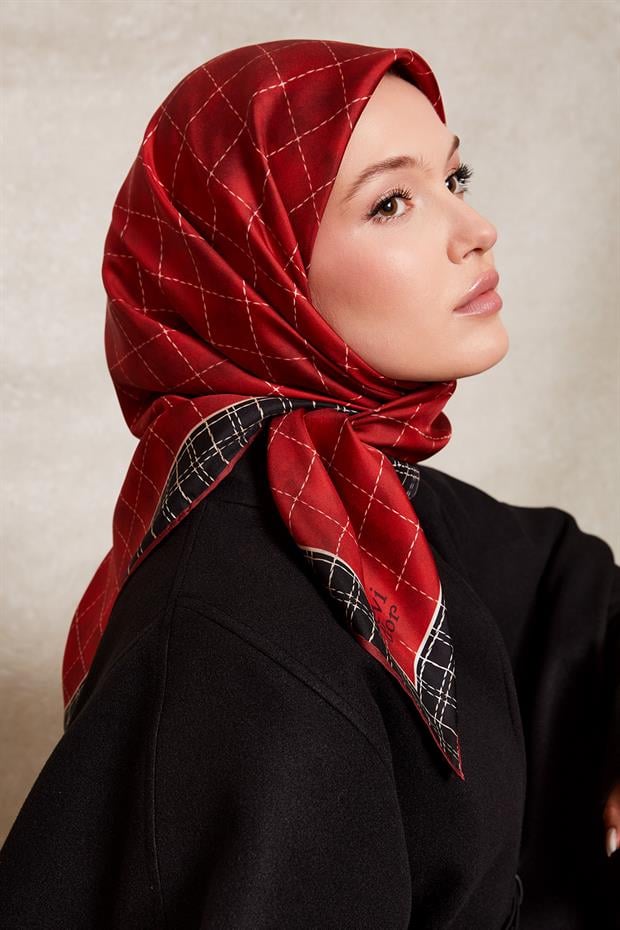 Kırmızı Kareli Twill İpek Eşarp