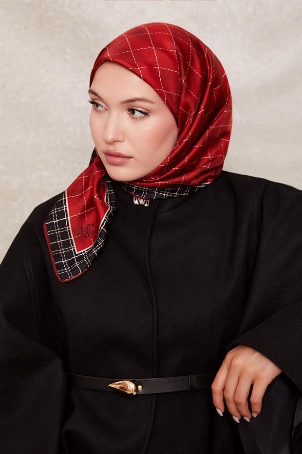 Kırmızı Kareli Twill İpek Eşarp