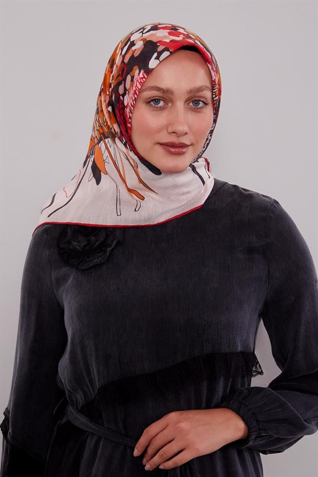 Kırmızı Karışık Çiçek Desen Pamuk Eşarp