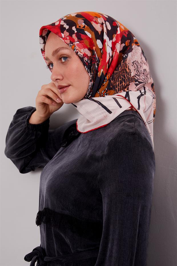 Kırmızı Karışık Çiçek Desen Pamuk Eşarp