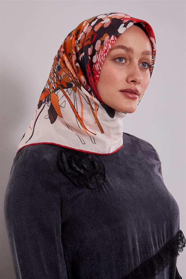 Kırmızı Karışık Çiçek Desen Pamuk Eşarp