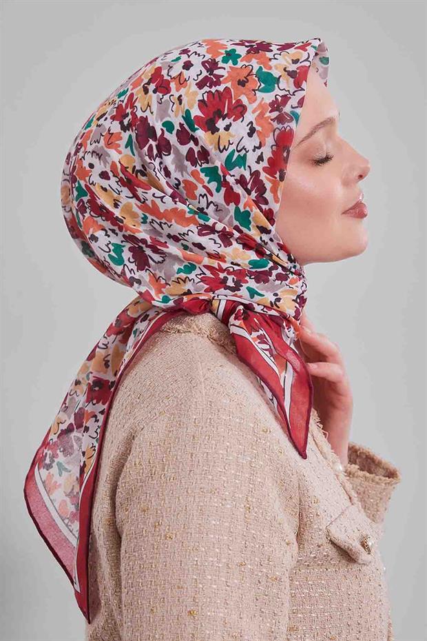 Kırmızı Karışık Çiçek Desen Soft Eşarp