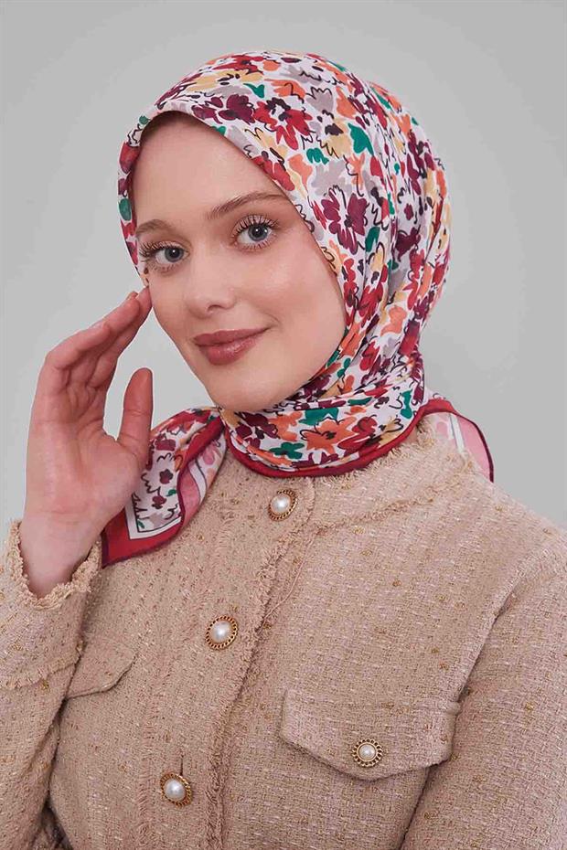 Kırmızı Karışık Çiçek Desen Soft Eşarp