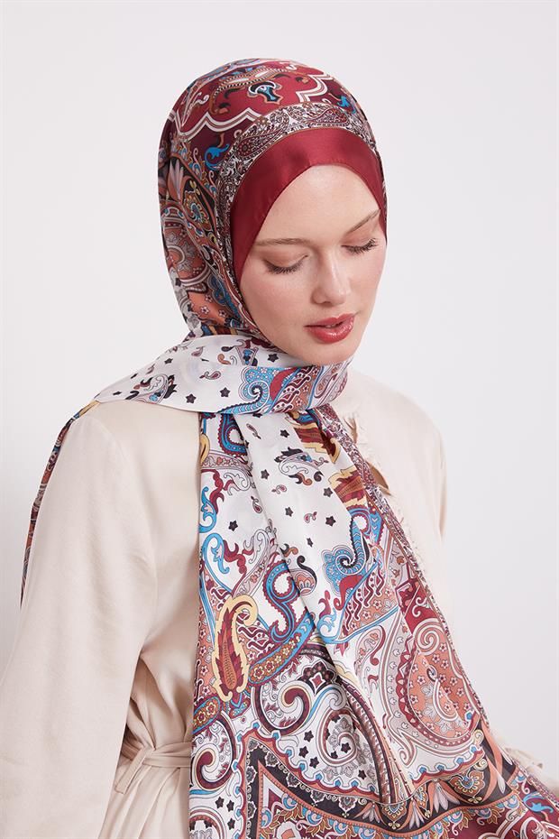 Kırmızı Karışık Desenal Hint İpeği Şal