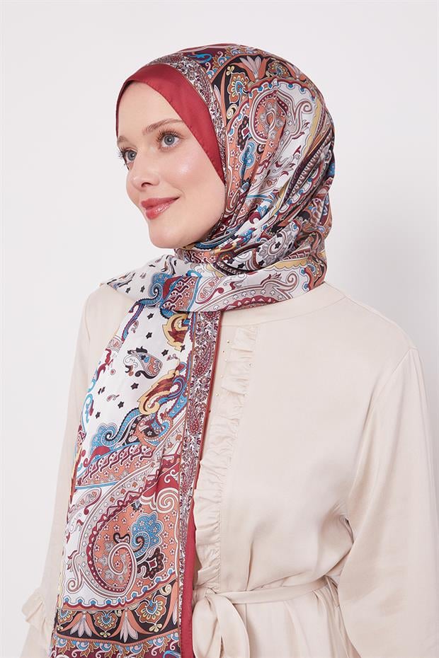 Kırmızı Karışık Desenal Hint İpeği Şal