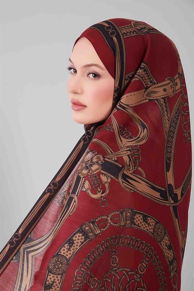 Kırmızı Karışık Desenli Yün İpek Şal