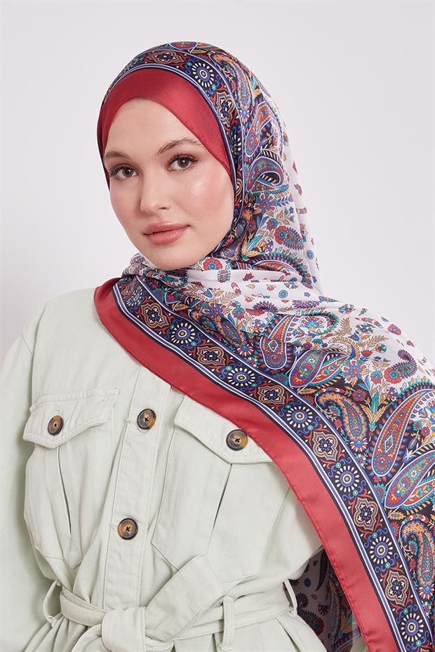 Kırmızı Karma Çiçek Hint İpeği Şal