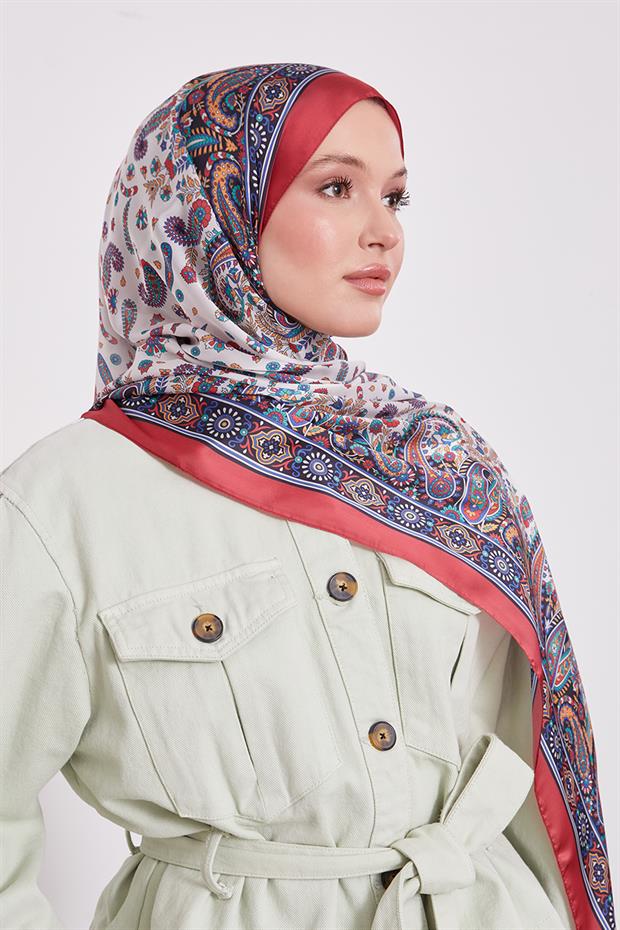 Kırmızı Karma Çiçek Hint İpeği Şal