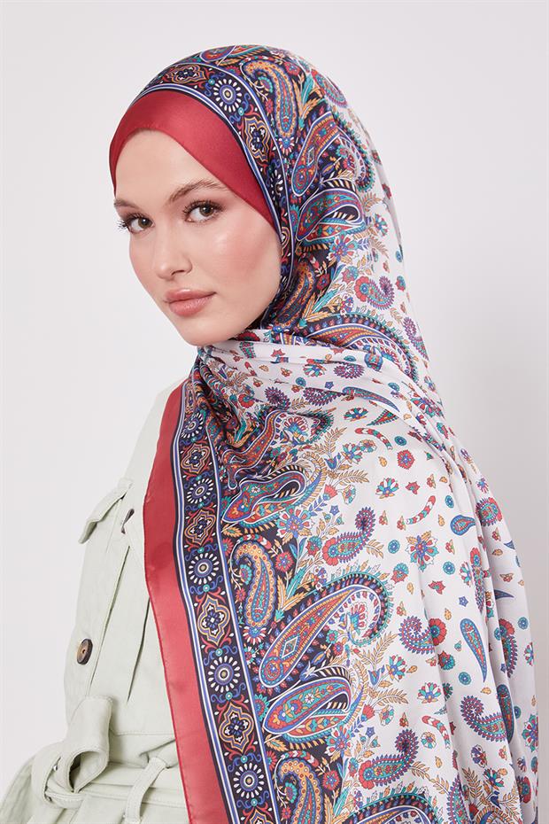 Kırmızı Karma Çiçek Hint İpeği Şal