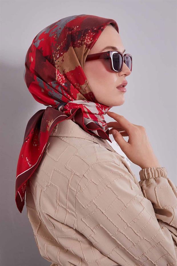 Kırmızı Karma Desenli Twill İpek Eşarp
