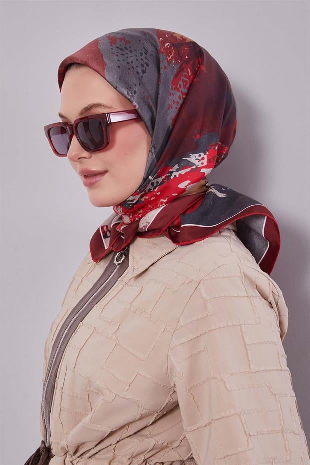 Kırmızı Karma Desenli Twill İpek Eşarp