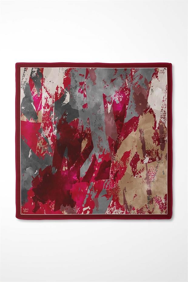 Kırmızı Karma Desenli Twill İpek Eşarp