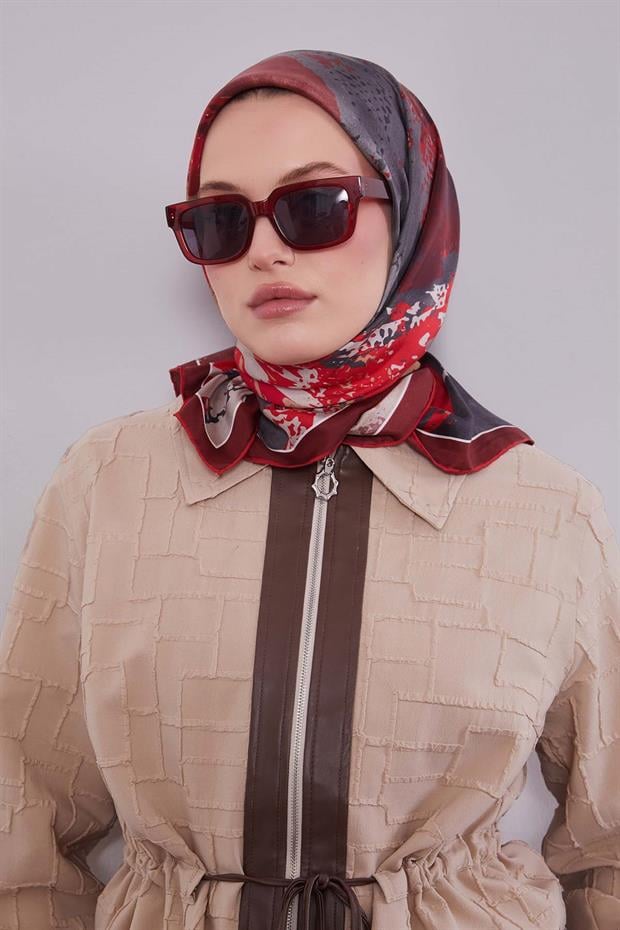 Kırmızı Karma Desenli Twill İpek Eşarp