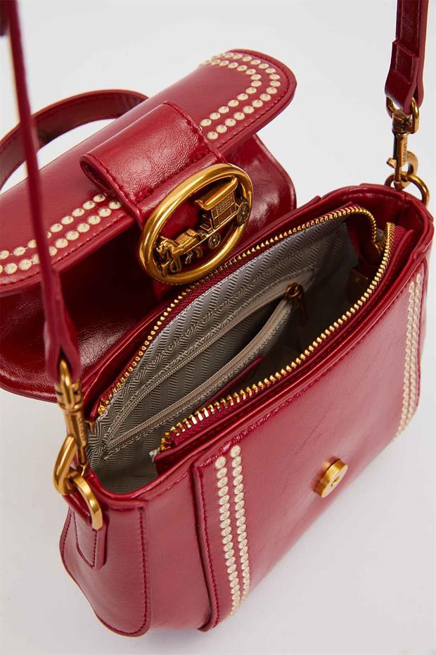 Kırmızı Kenar Desenli Dikişli El Çantası