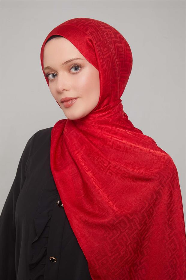 Kırmızı Kiril Desen Jakarlı Janjan Şal