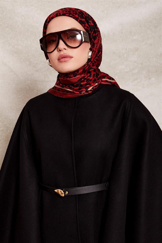 Kırmızı Leopar Desen Twill İpek Eşarp