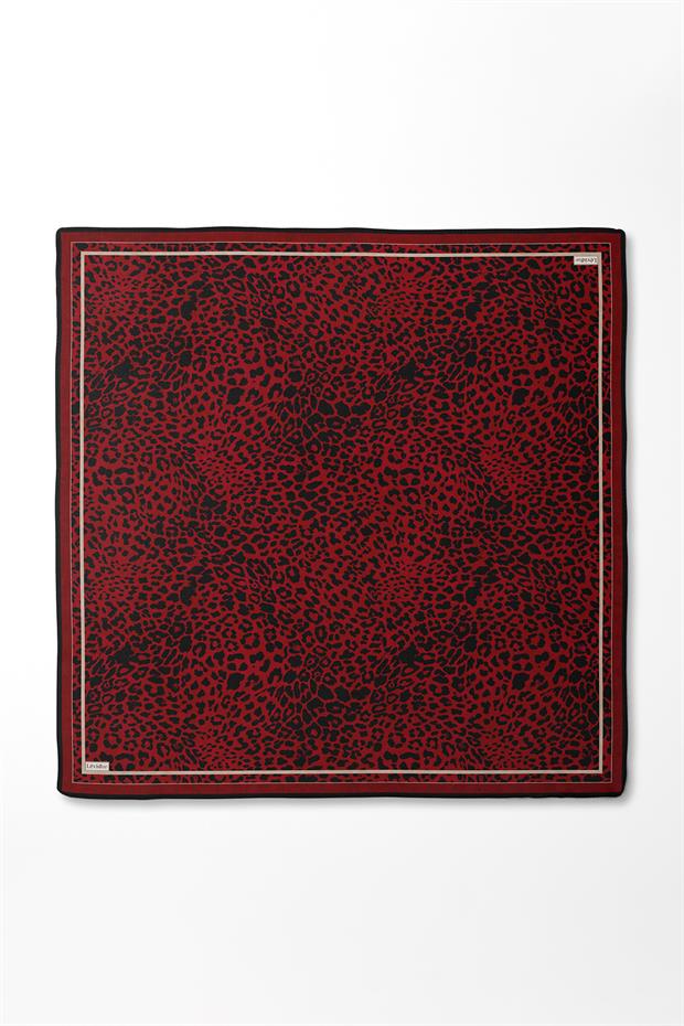 Kırmızı Leopar Desen Twill İpek Eşarp