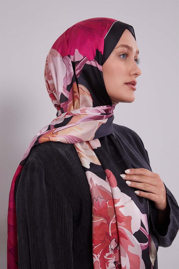 Kırmızı Lotus Desen Hint İpeği Şal