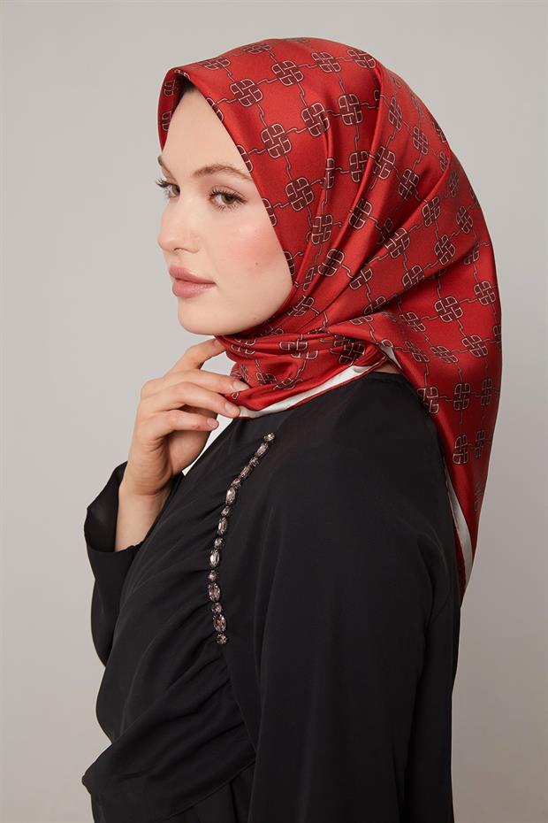 Kırmızı Mini Yonca Desen Twill İpek Eşarp