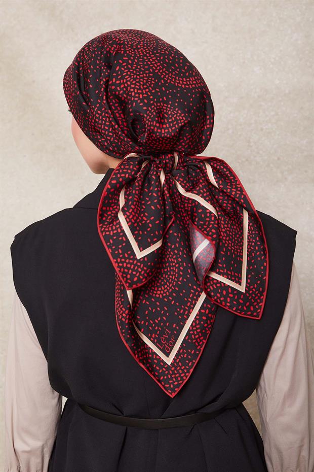 Kırmızı Noktalı Daireler Bask. Twill İpek Eşarp