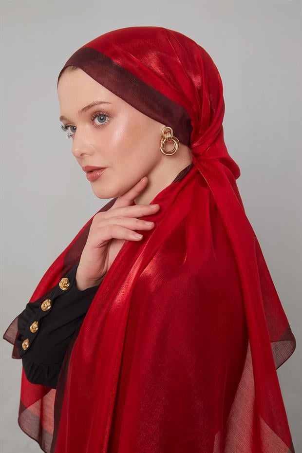 Kırmızı Şerit Desen Kehribar Şal