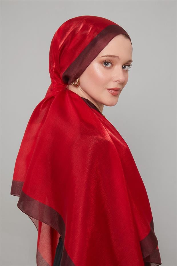 Kırmızı Şerit Desen Kehribar Şal