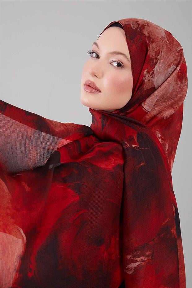 Kırmızı Soyut Desen Yün İpek Şal