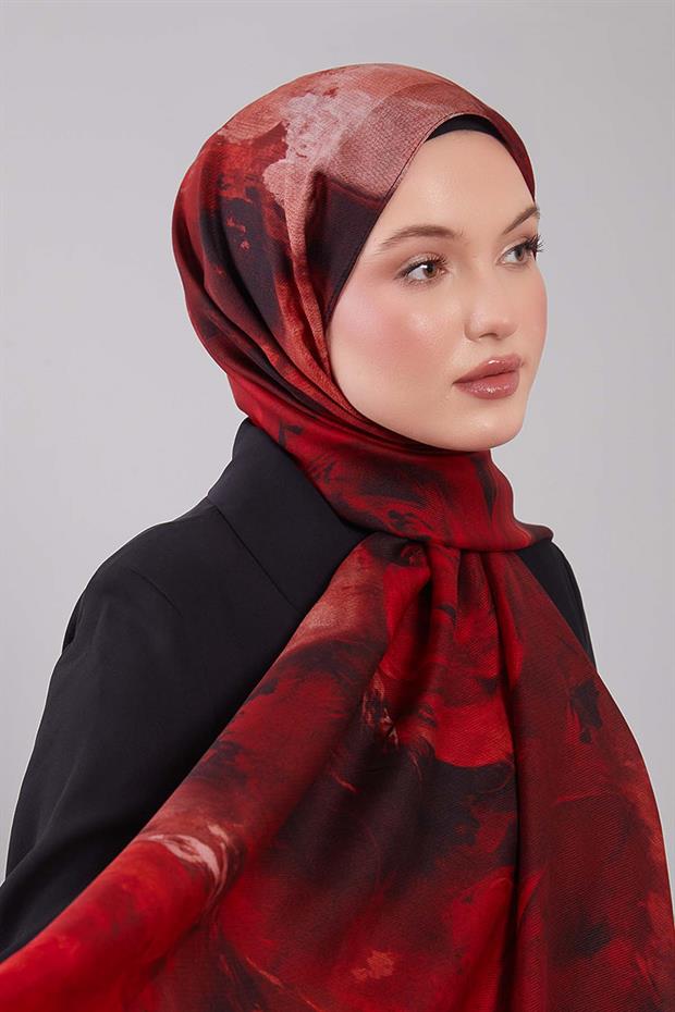 Kırmızı Soyut Desen Yün İpek Şal