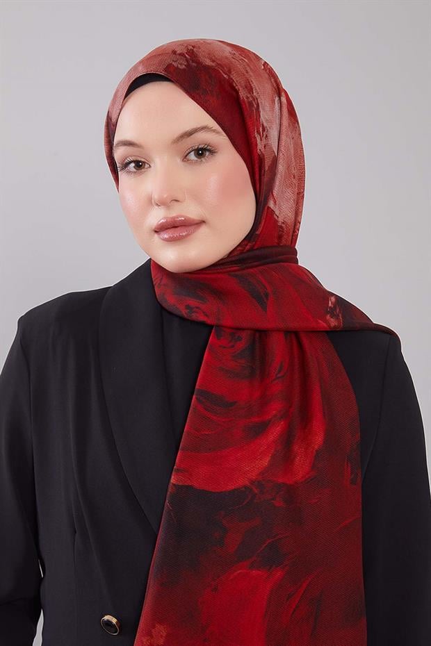 Kırmızı Soyut Desen Yün İpek Şal