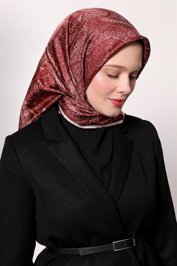 Kırmızı Soyut Etnik Desen Twill İpek Eşarp