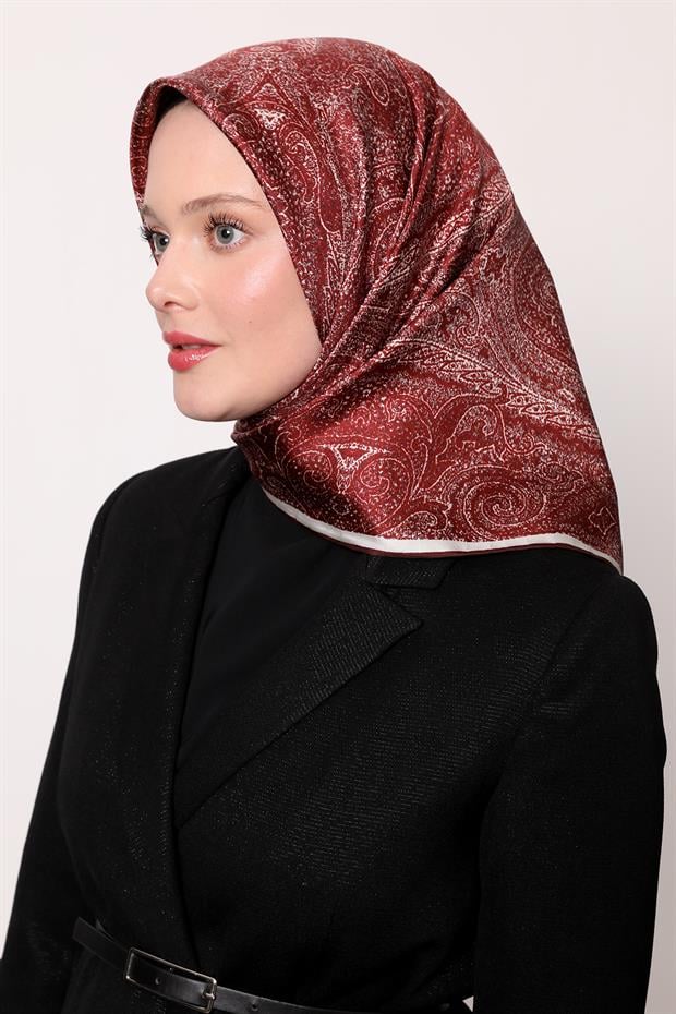 Kırmızı Soyut Etnik Desen Twill İpek Eşarp