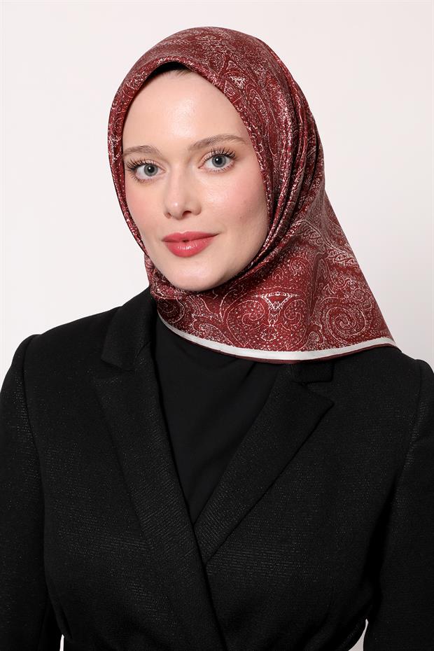 Kırmızı Soyut Etnik Desen Twill İpek Eşarp