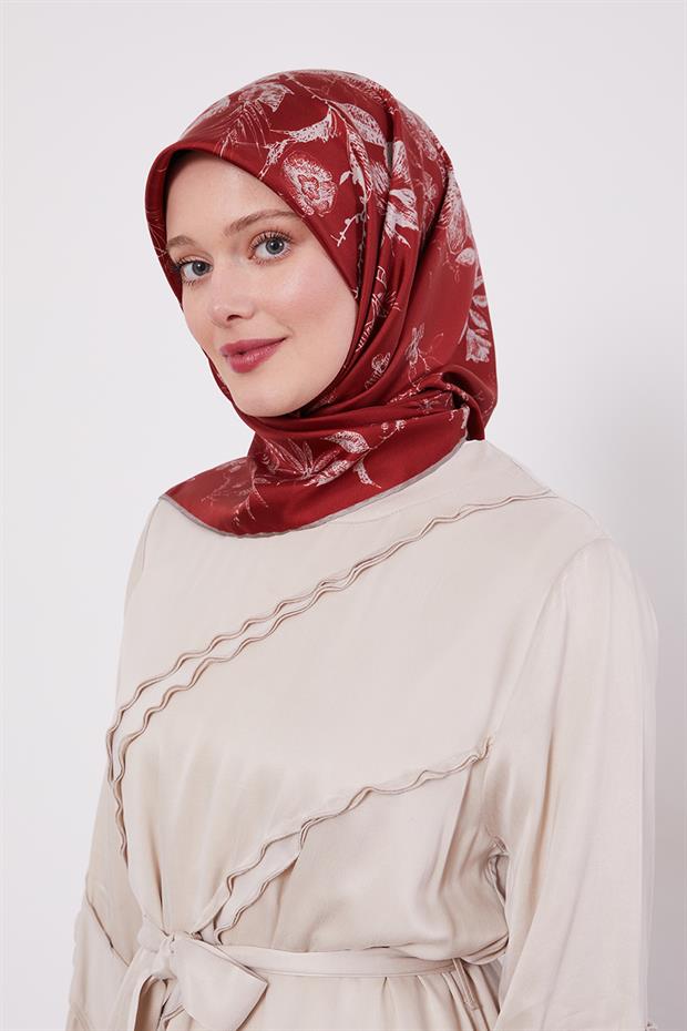 Kırmızı Soyut Gül Desen Twill İpek Eşarp