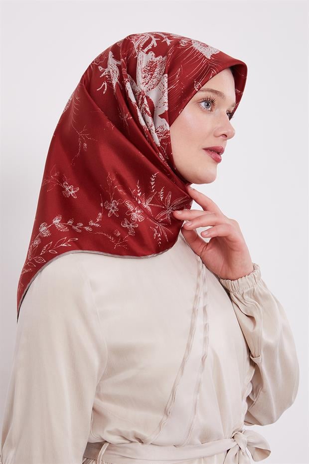 Kırmızı Soyut Gül Desen Twill İpek Eşarp