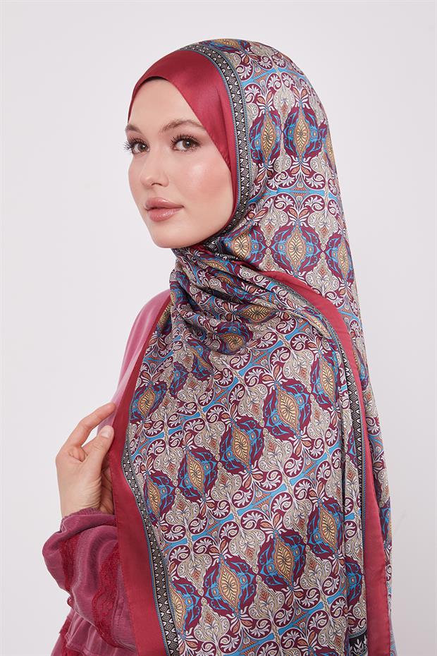 Kırmızı Yansıma Desen Hint İpeği Şal