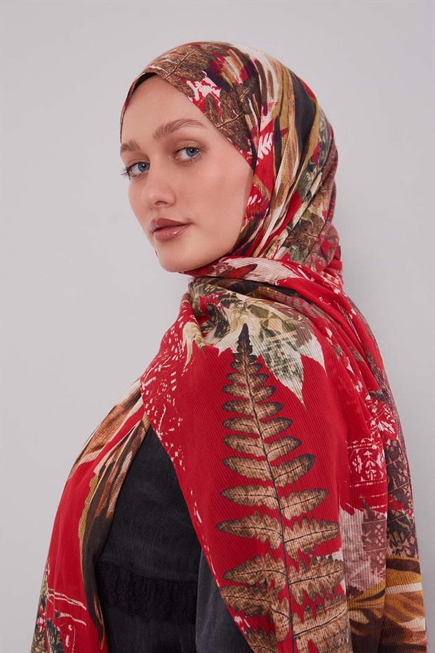 Kırmızı Yaprak Desen Pamuk Şal